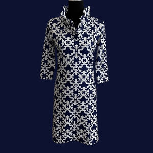 Jean-Pierre Klifa Paris Womens XS Ruffle Neck Jersey Dress Blue Scroll Resort